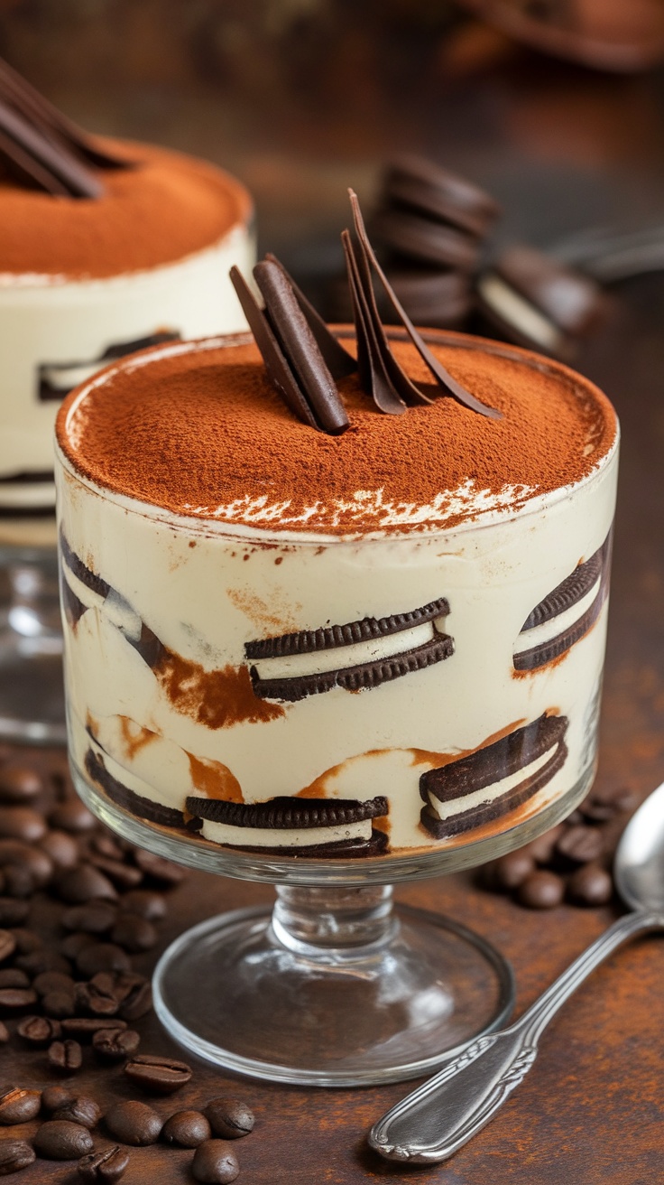 Decadent Oreo Tiramisu Recipe Layers of creamy Oreo tiramisu with cocoa dusting and chocolate shavings in a glass dish.